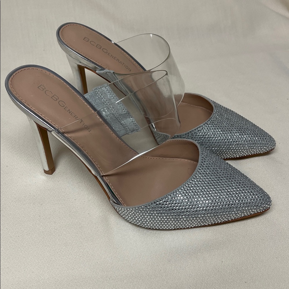 BCBGeneration Sparkling Silver Heels with Clear Strap